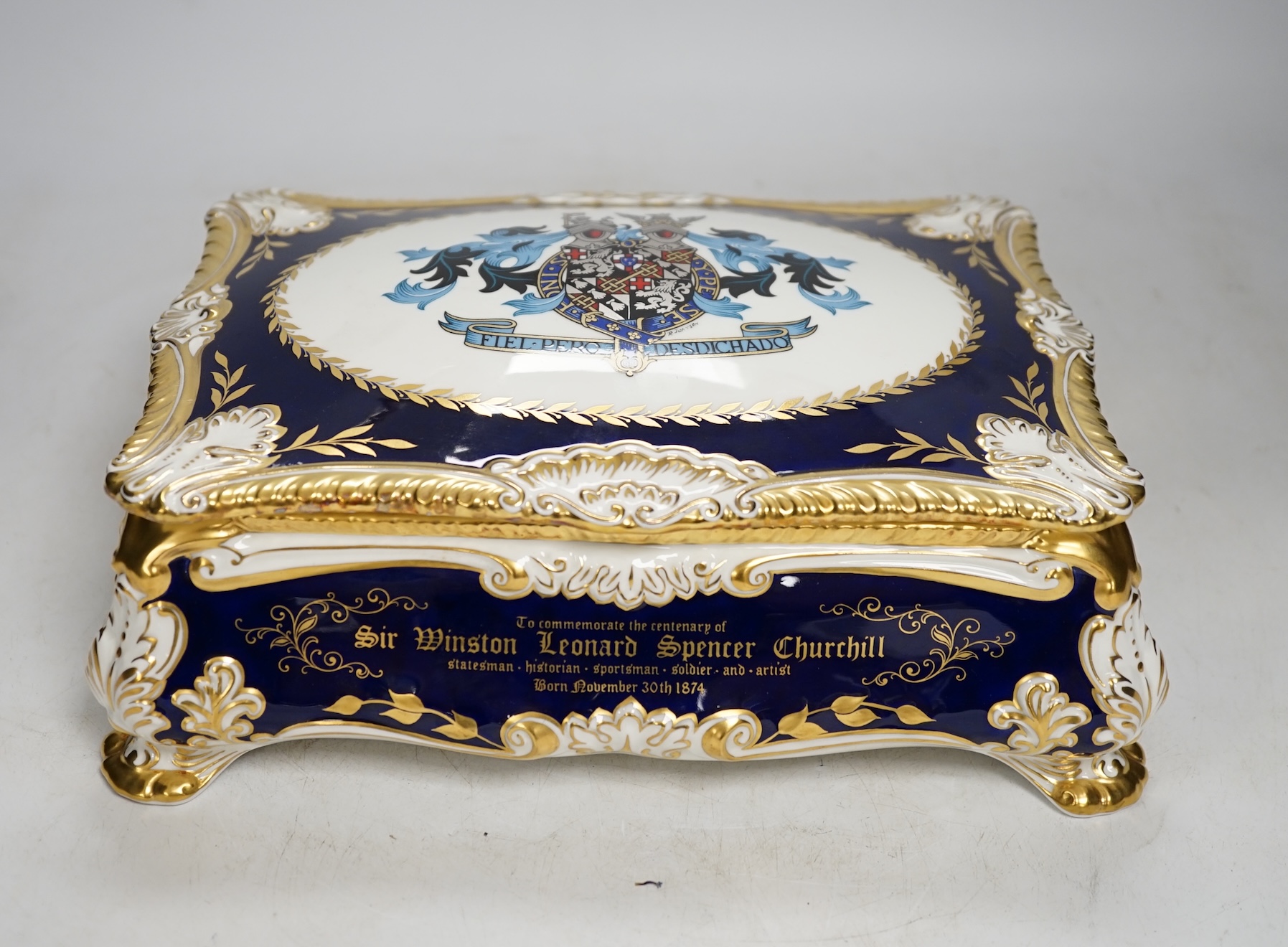 A Paragon China centenary cigar box commemorating Sir Winston Leonard Spencer Churchill's life, 26cm wide. Condition - good